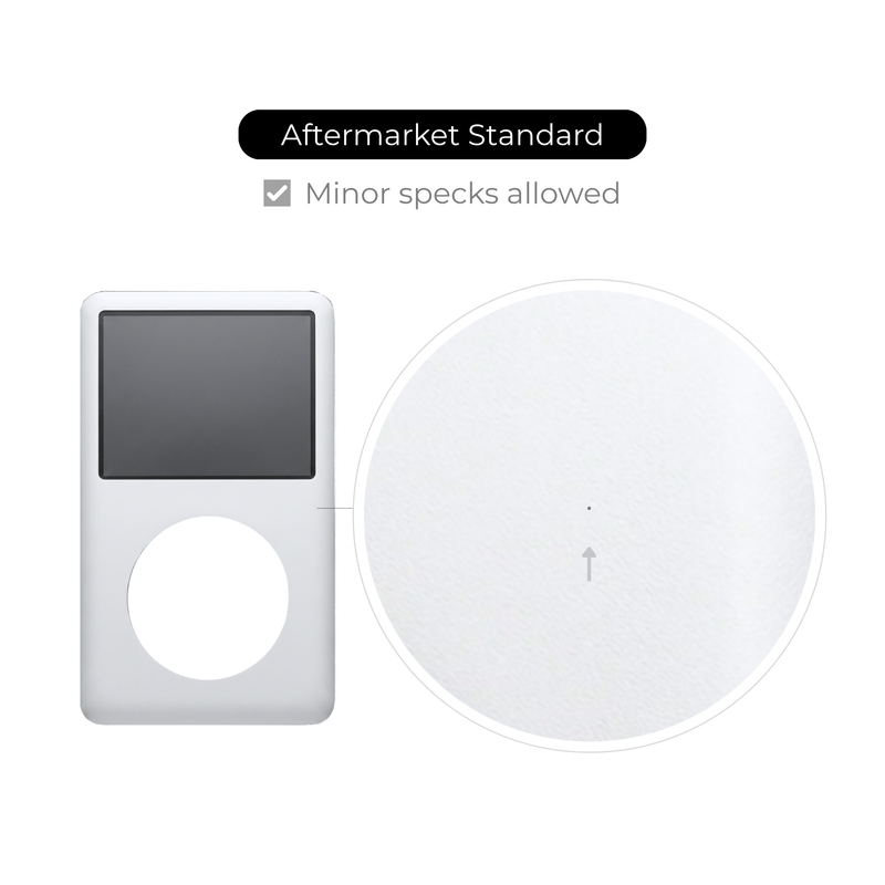A white circular replacement faceplate or cover shown beside a silver iPod-style device on a white background, with text reading 'Aftermarket Standard' and 'Minor specks allowed'.